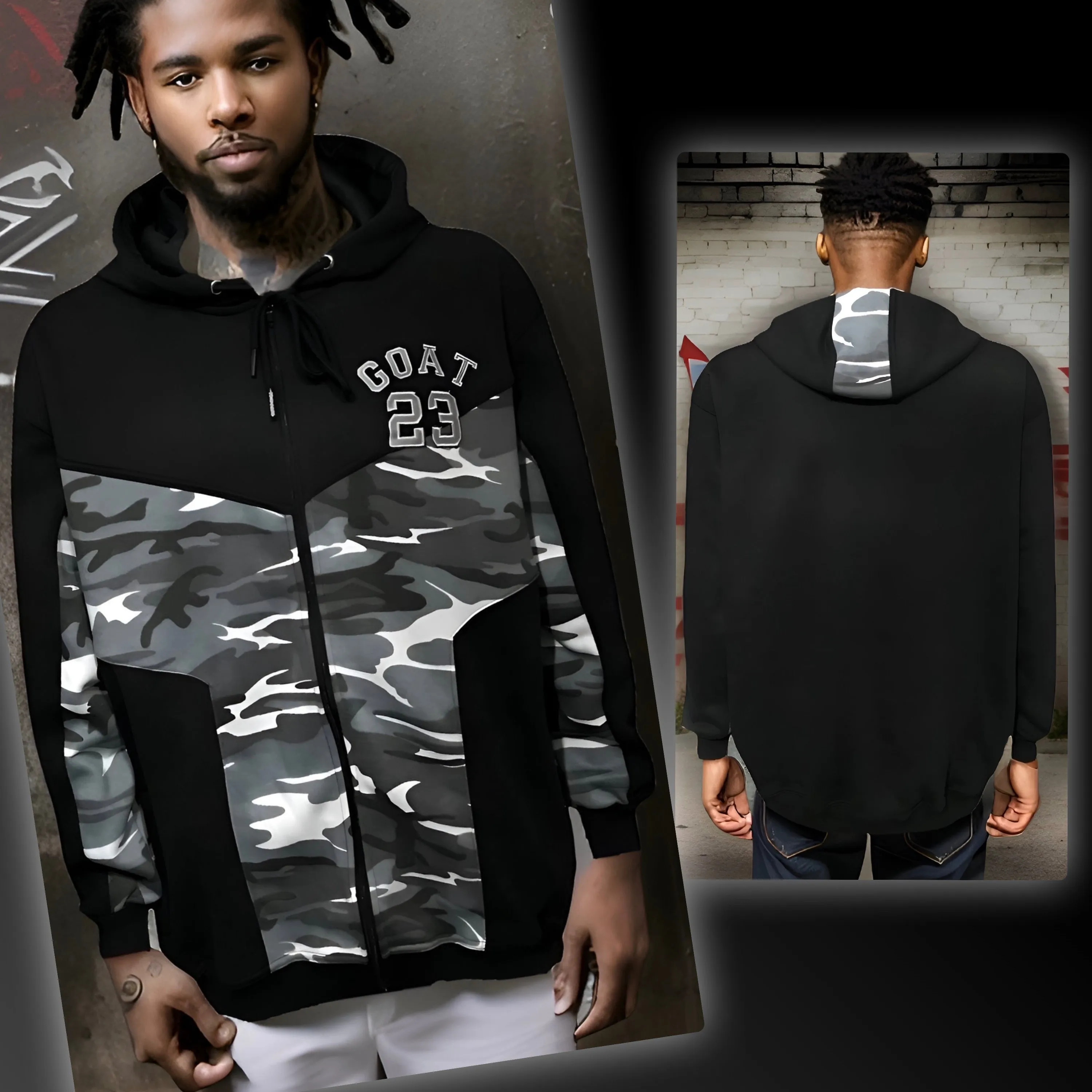 ^23 GOAT^ (GREY-CAMO) LUXURY ZIP UP HOODIES