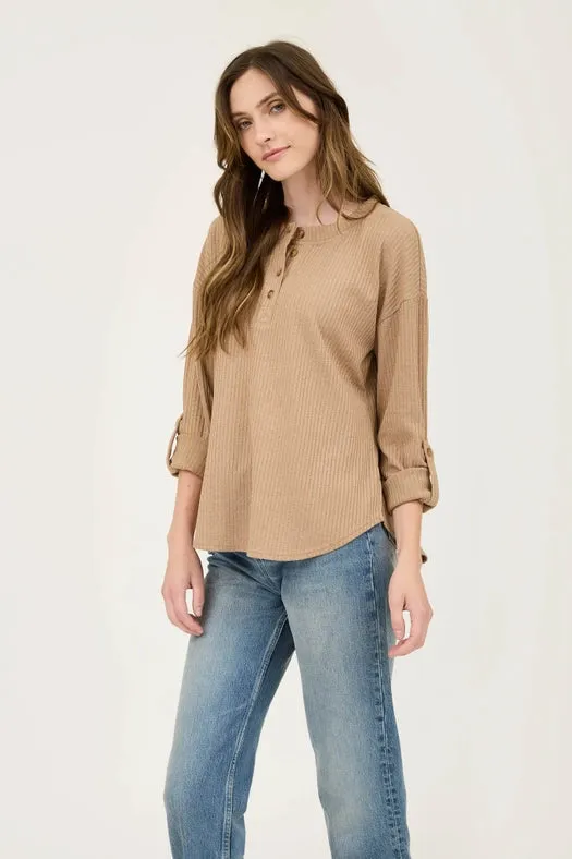 3/4 Tab Sleeve Henley Knit Top KHAKI