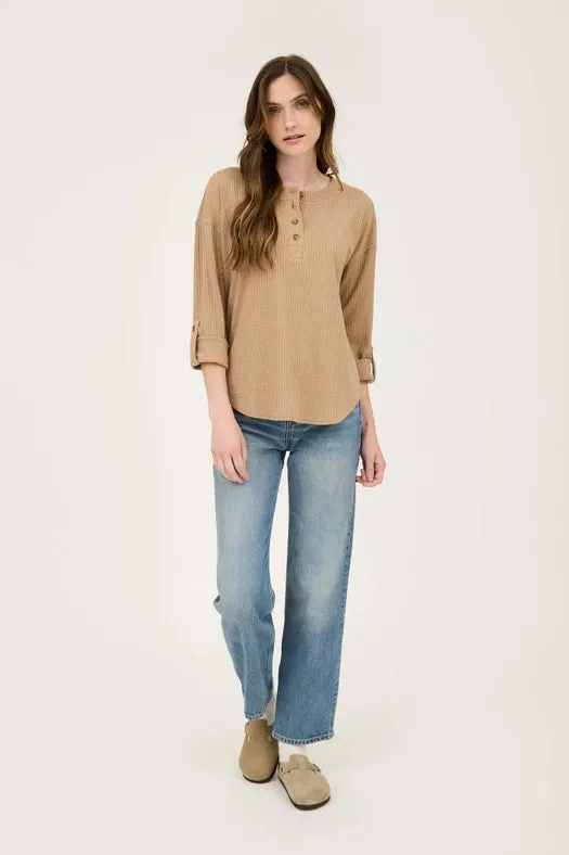 3/4 Tab Sleeve Henley Knit Top KHAKI