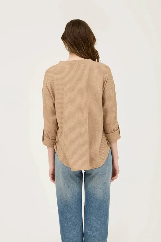 3/4 Tab Sleeve Henley Knit Top KHAKI