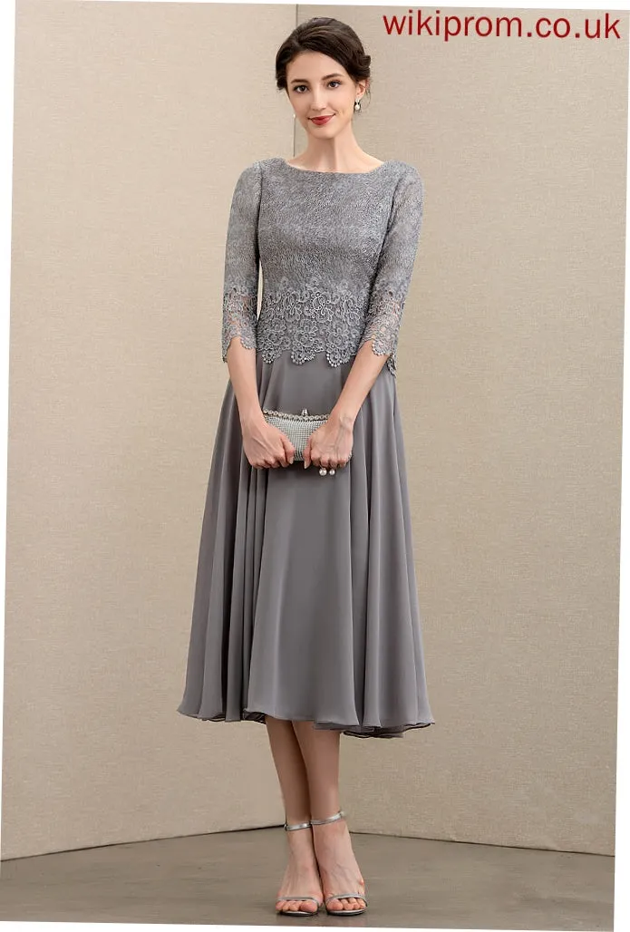 A-Line Mother of the Bride Dresses Bride of Scoop Chiffon Mila Lace Tea-Length the Neck Dress Mother