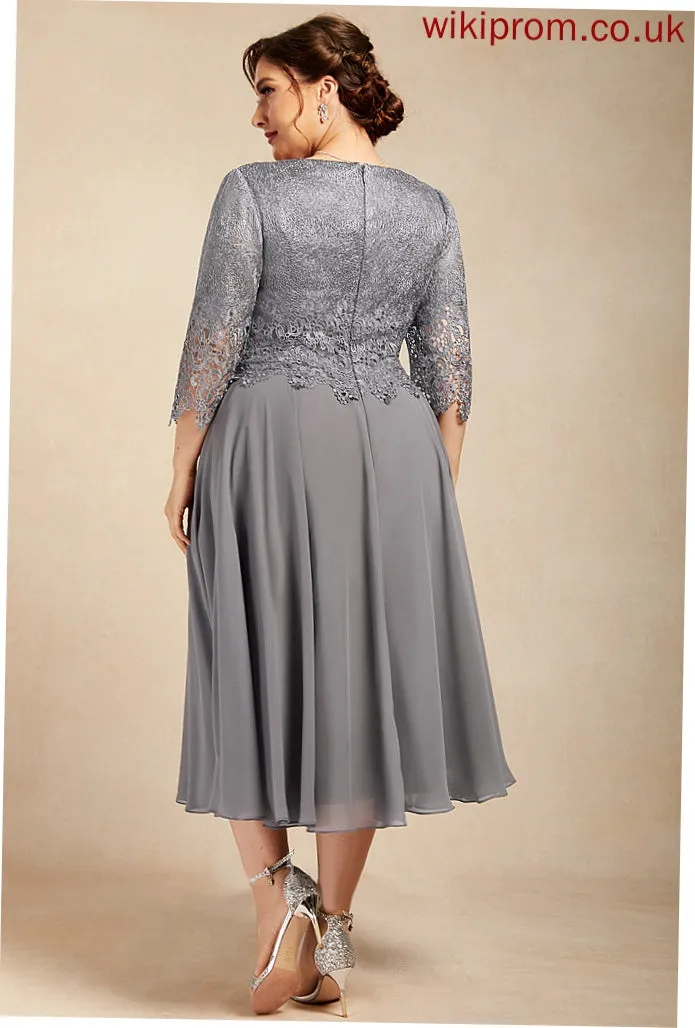 A-Line Mother of the Bride Dresses Bride of Scoop Chiffon Mila Lace Tea-Length the Neck Dress Mother