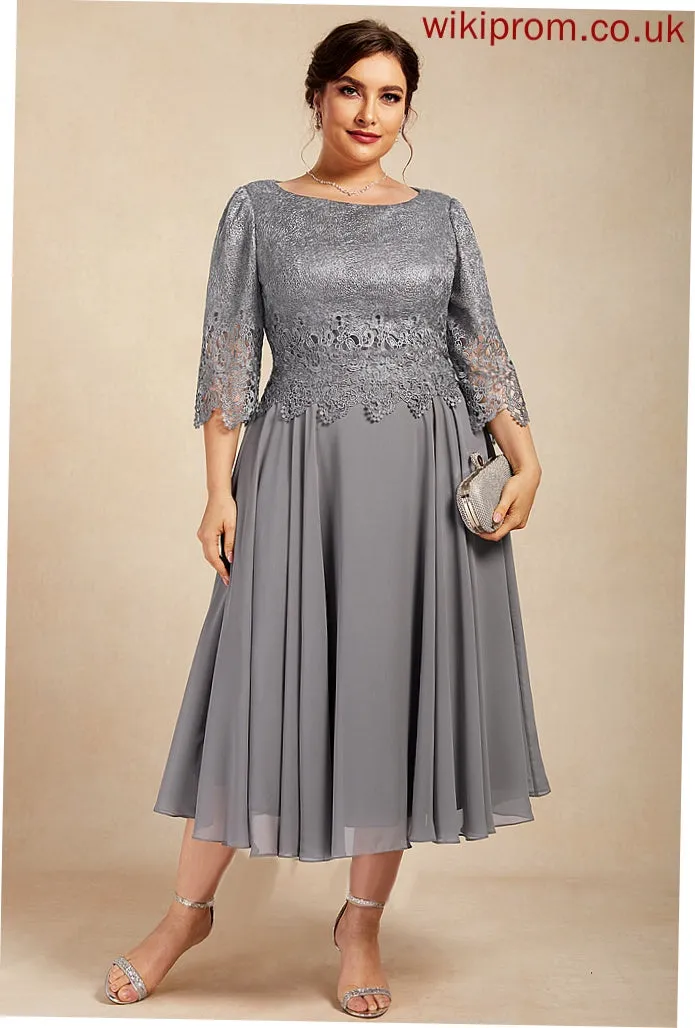 A-Line Mother of the Bride Dresses Bride of Scoop Chiffon Mila Lace Tea-Length the Neck Dress Mother