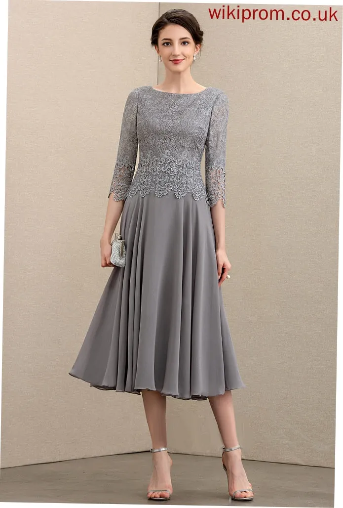 A-Line Mother of the Bride Dresses Bride of Scoop Chiffon Mila Lace Tea-Length the Neck Dress Mother