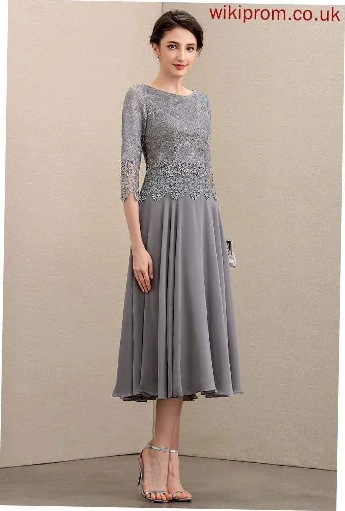 A-Line Mother of the Bride Dresses Bride of Scoop Chiffon Mila Lace Tea-Length the Neck Dress Mother