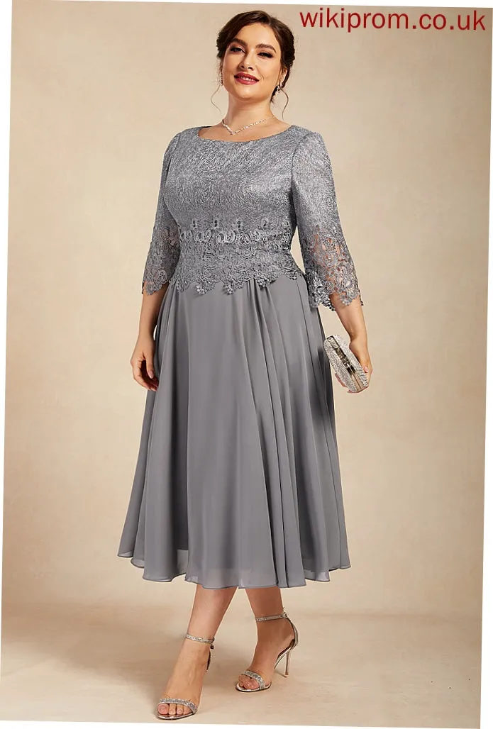 A-Line Mother of the Bride Dresses Bride of Scoop Chiffon Mila Lace Tea-Length the Neck Dress Mother