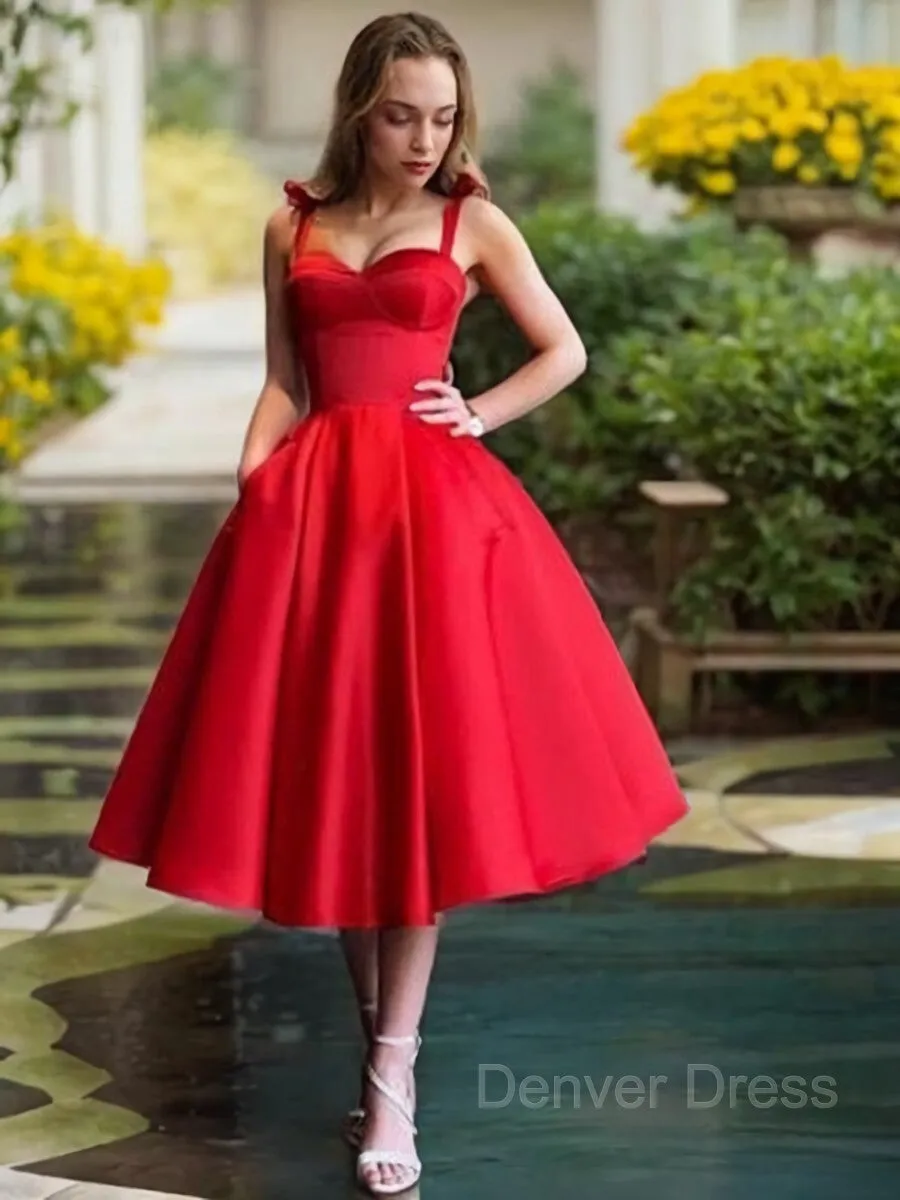 A-Line Straps Tea-Length Satin Homecoming Dresses