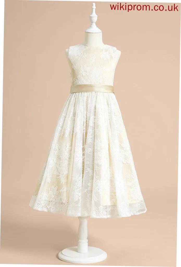 A-Line Tea-length Bow(s) Nia Flower Girl Dresses Dress Flower Sleeveless Neck - With Scoop Girl Satin/Lace