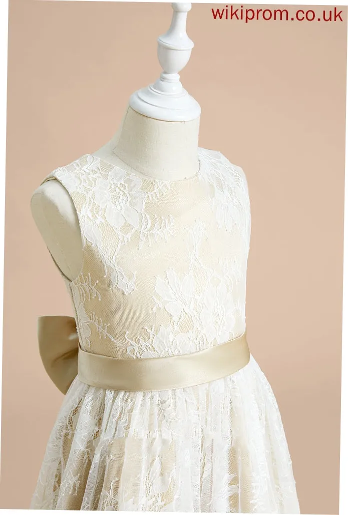 A-Line Tea-length Bow(s) Nia Flower Girl Dresses Dress Flower Sleeveless Neck - With Scoop Girl Satin/Lace