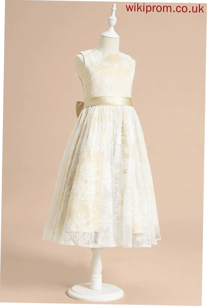 A-Line Tea-length Bow(s) Nia Flower Girl Dresses Dress Flower Sleeveless Neck - With Scoop Girl Satin/Lace