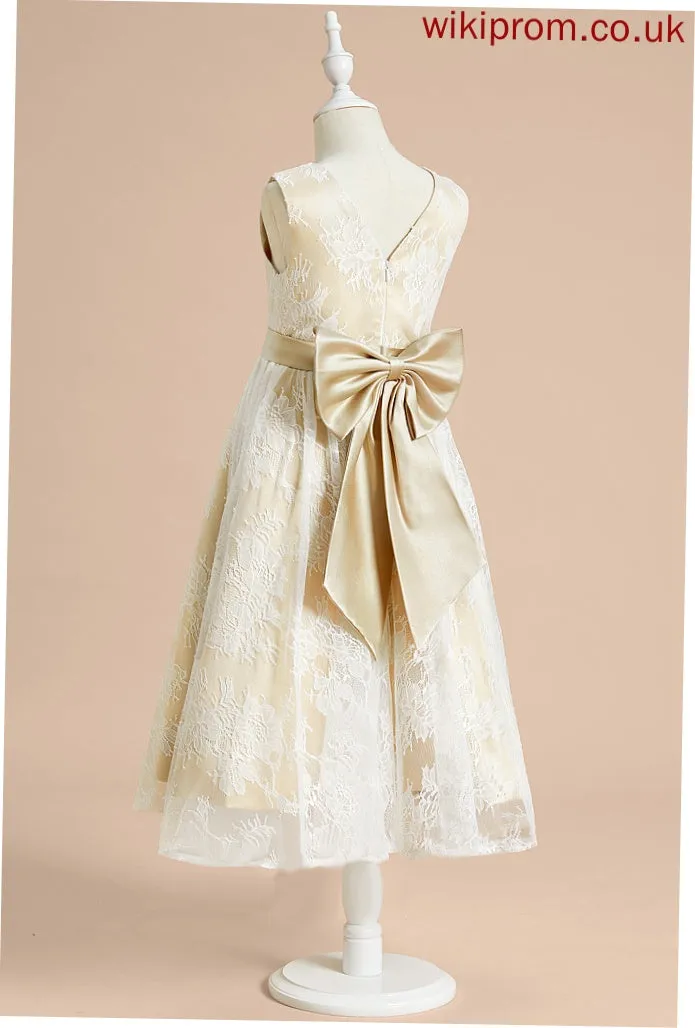 A-Line Tea-length Bow(s) Nia Flower Girl Dresses Dress Flower Sleeveless Neck - With Scoop Girl Satin/Lace