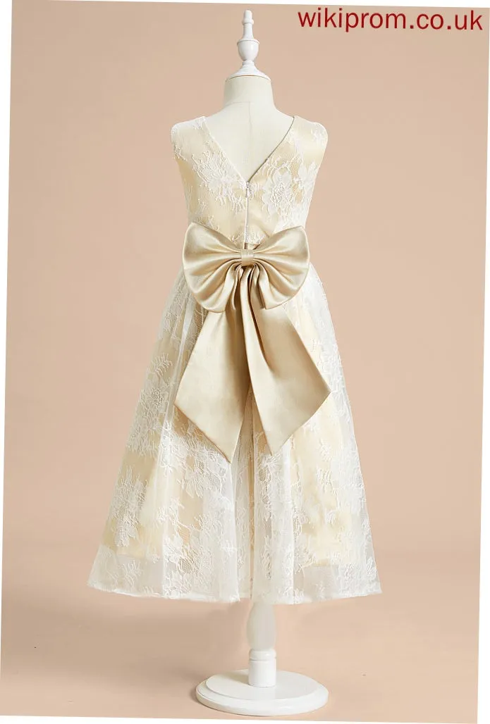 A-Line Tea-length Bow(s) Nia Flower Girl Dresses Dress Flower Sleeveless Neck - With Scoop Girl Satin/Lace