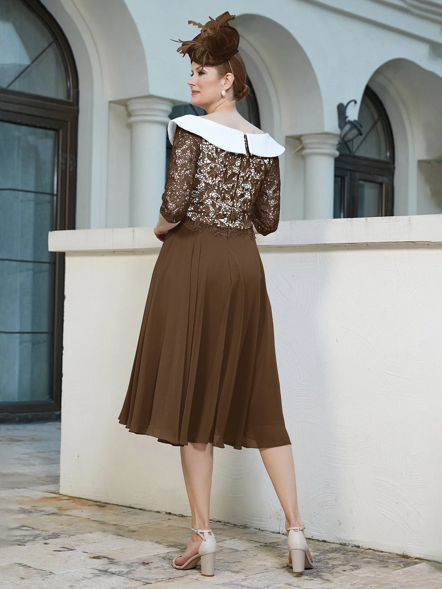 A-line Tea-length Chiffon Dress Brown