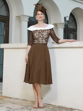 A-line Tea-length Chiffon Dress Brown