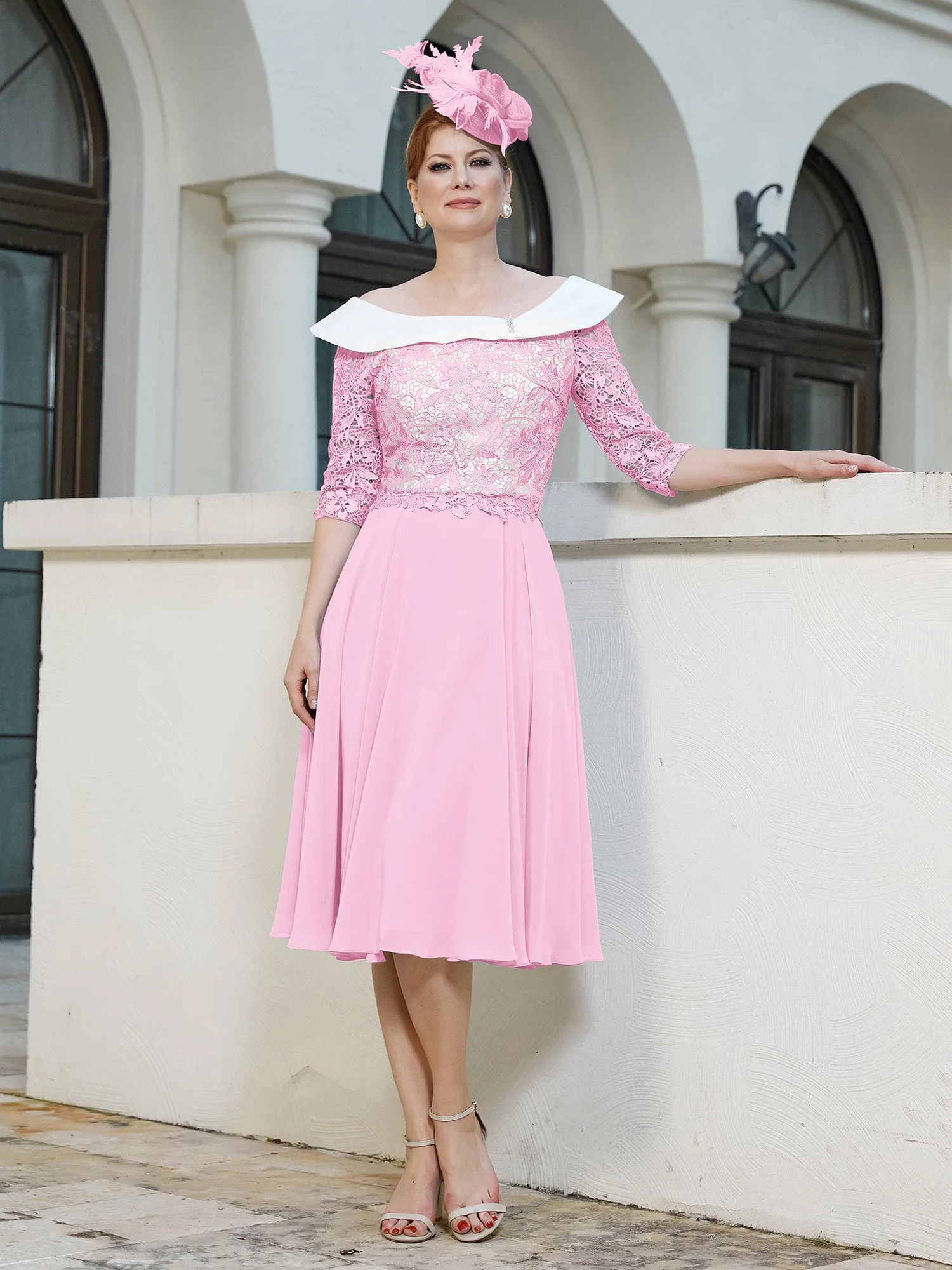 A-line Tea-length Chiffon Dress Candy Pink