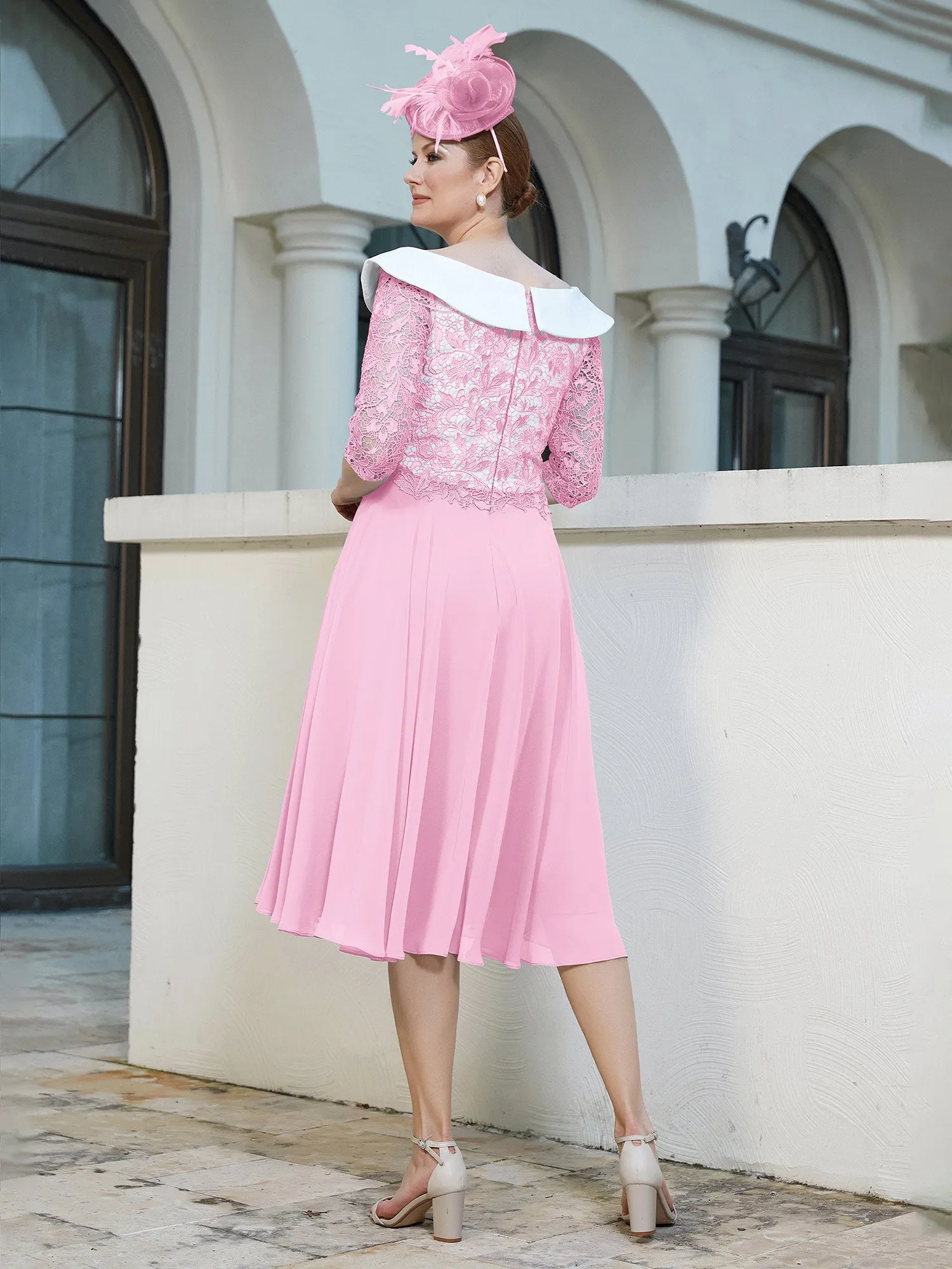 A-line Tea-length Chiffon Dress Candy Pink