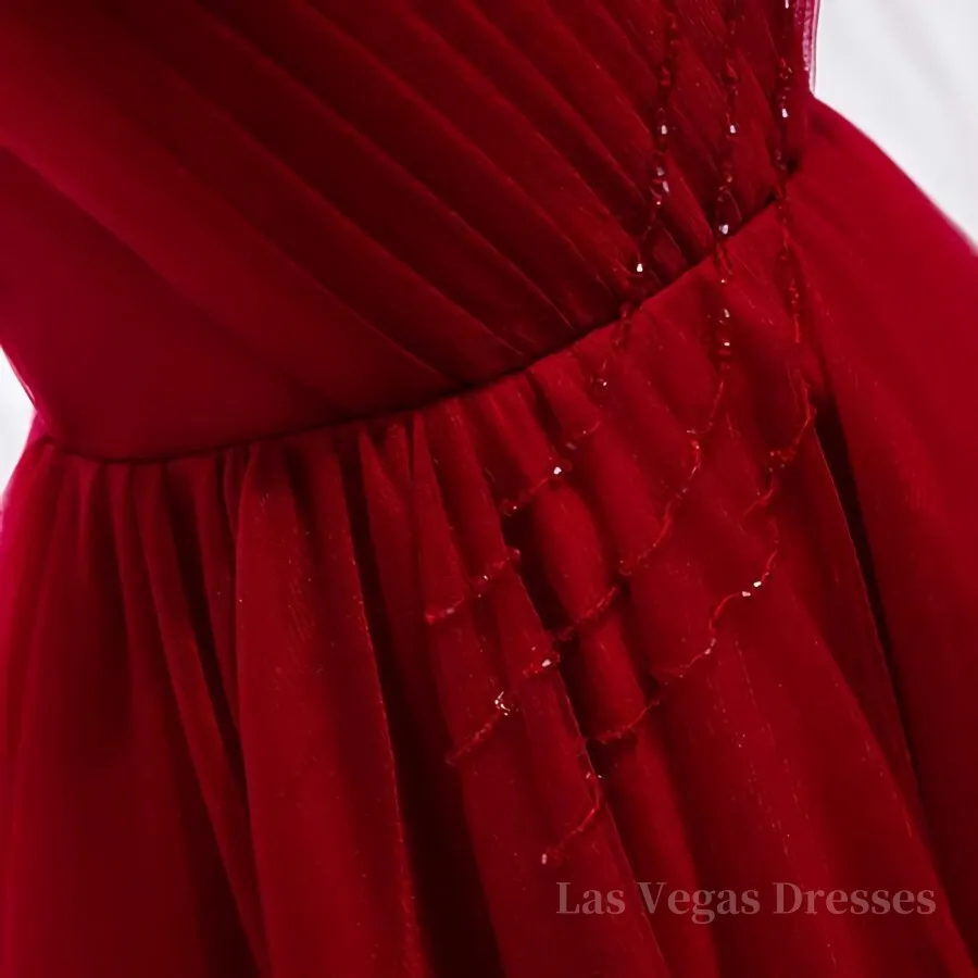 A Line V Neck Red Tea Length Prom Dress with Corset Back, Red Tea Length Formal Graduation Dresses