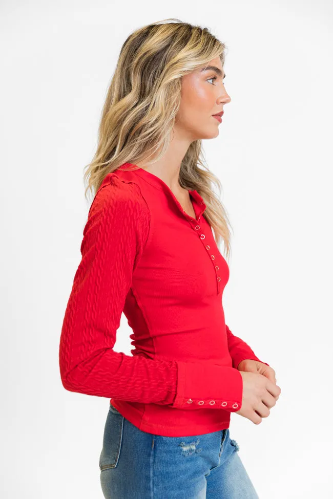 All The Better Red Cable Knit Sleeve Knit Henley Top FINAL SALE