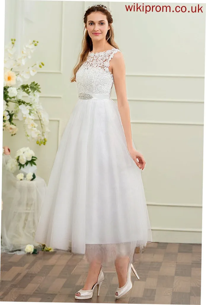 Ball-Gown/Princess Wedding Scoop Silvia Neck With Dress Tulle Sequins Tea-Length Lace Satin Beading Wedding Dresses