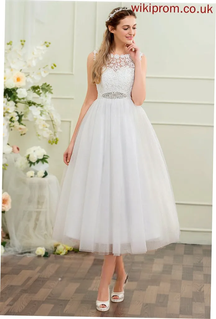 Ball-Gown/Princess Wedding Scoop Silvia Neck With Dress Tulle Sequins Tea-Length Lace Satin Beading Wedding Dresses