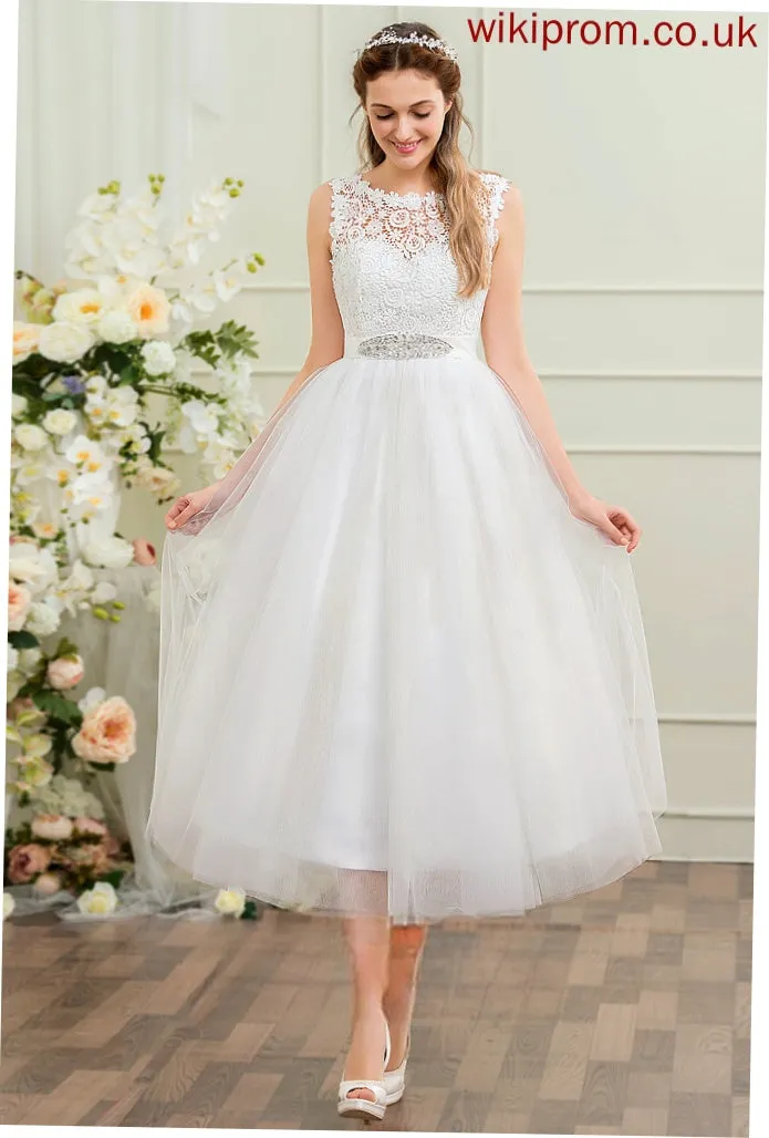 Ball-Gown/Princess Wedding Scoop Silvia Neck With Dress Tulle Sequins Tea-Length Lace Satin Beading Wedding Dresses