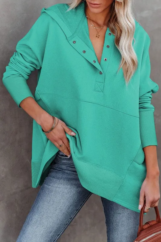 Batwing Sleeve Pocketed Henley Hoodie