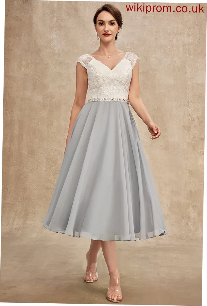 Beading Tea-Length Lace Dress of Janelle Chiffon the Mother With V-neck Bride A-Line Mother of the Bride Dresses