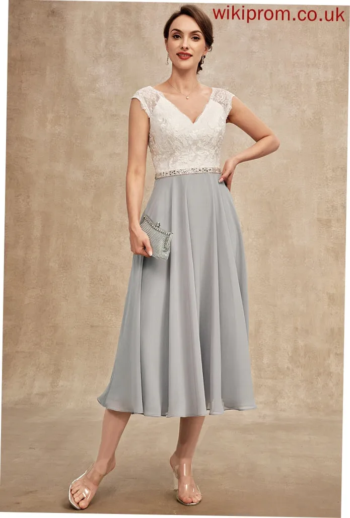 Beading Tea-Length Lace Dress of Janelle Chiffon the Mother With V-neck Bride A-Line Mother of the Bride Dresses