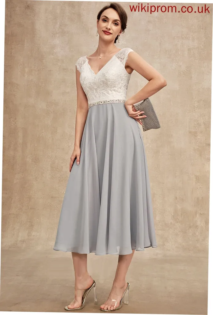 Beading Tea-Length Lace Dress of Janelle Chiffon the Mother With V-neck Bride A-Line Mother of the Bride Dresses