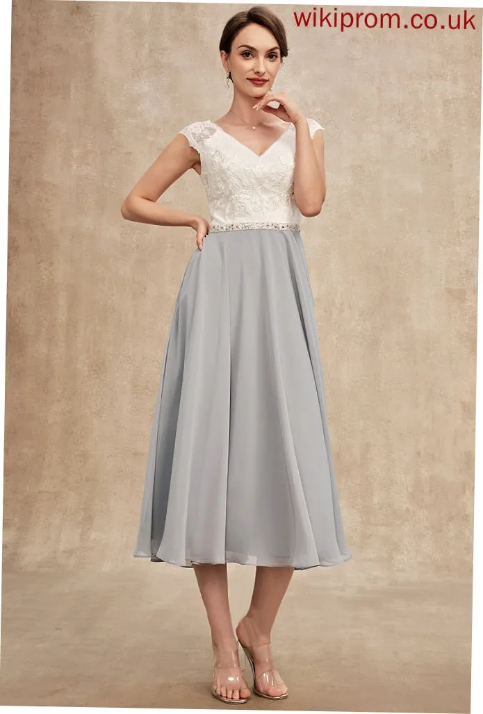 Beading Tea-Length Lace Dress of Janelle Chiffon the Mother With V-neck Bride A-Line Mother of the Bride Dresses