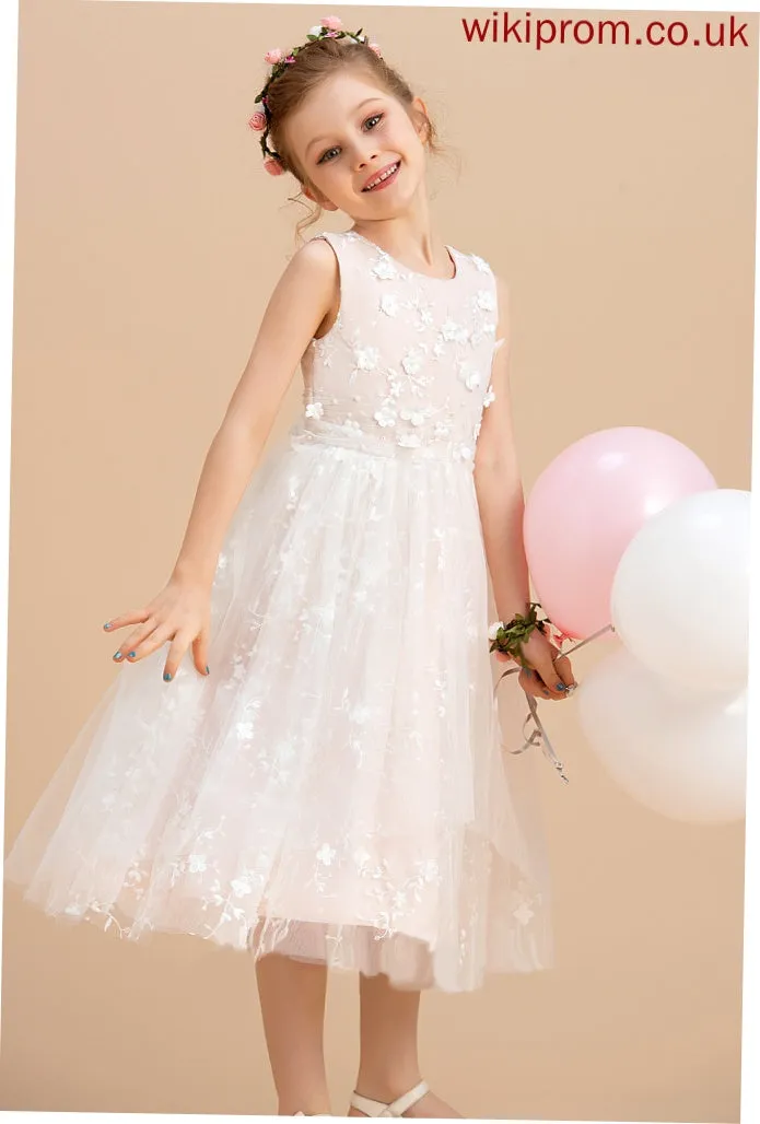 Beading/Flower(s) Girl - Tulle/Lace Scoop Tea-length Dress Sleeveless Flower Flower Girl Dresses A-Line With Alexandra Neck