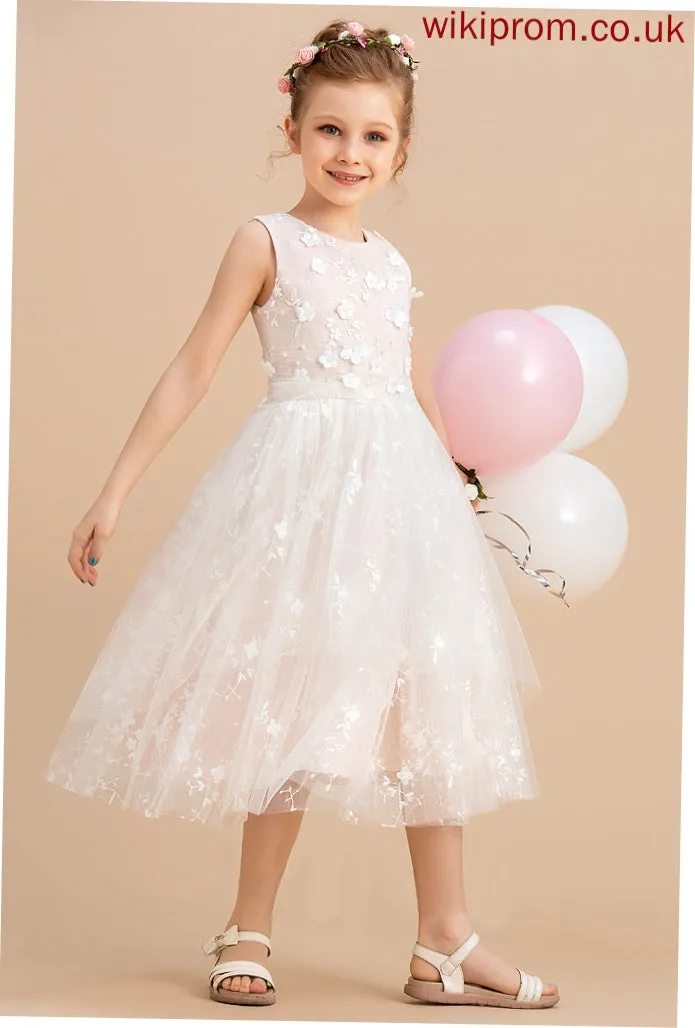 Beading/Flower(s) Girl - Tulle/Lace Scoop Tea-length Dress Sleeveless Flower Flower Girl Dresses A-Line With Alexandra Neck