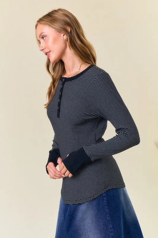 Black Erin Striped Thumbhole Henley Top