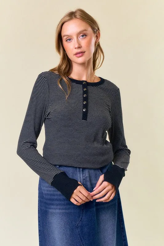 Black Erin Striped Thumbhole Henley Top