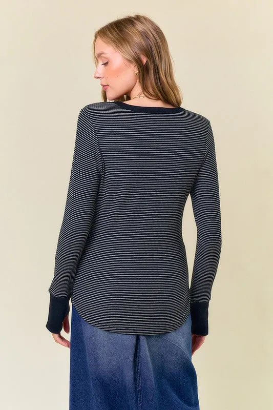 Black Erin Striped Thumbhole Henley Top