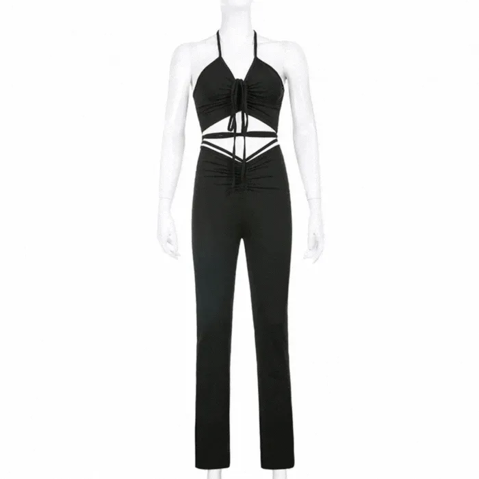 Black Lace-Up Ruched Flare Pants & Halter Crop Top