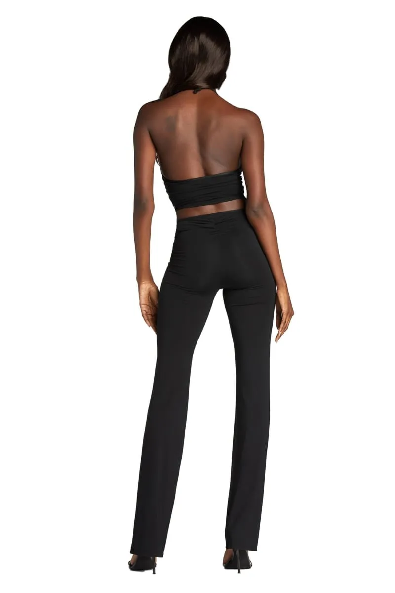 Black Lace-Up Ruched Flare Pants & Halter Crop Top