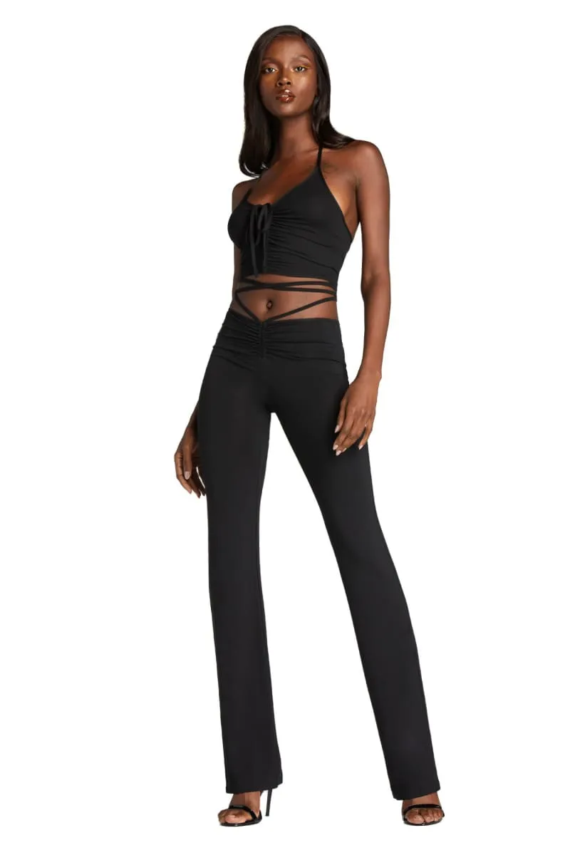 Black Lace-Up Ruched Flare Pants & Halter Crop Top