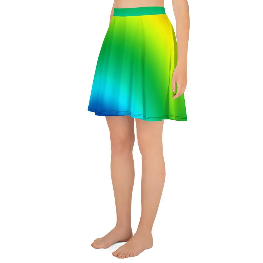 Blue Green Rainbow Skater Skirt, Ombre Print Women's Mid-Thigh Soft Skater Skirt- Made in USA/EU