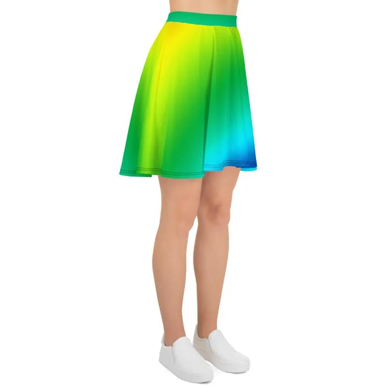 Blue Green Rainbow Skater Skirt, Ombre Print Women's Mid-Thigh Soft Skater Skirt- Made in USA/EU