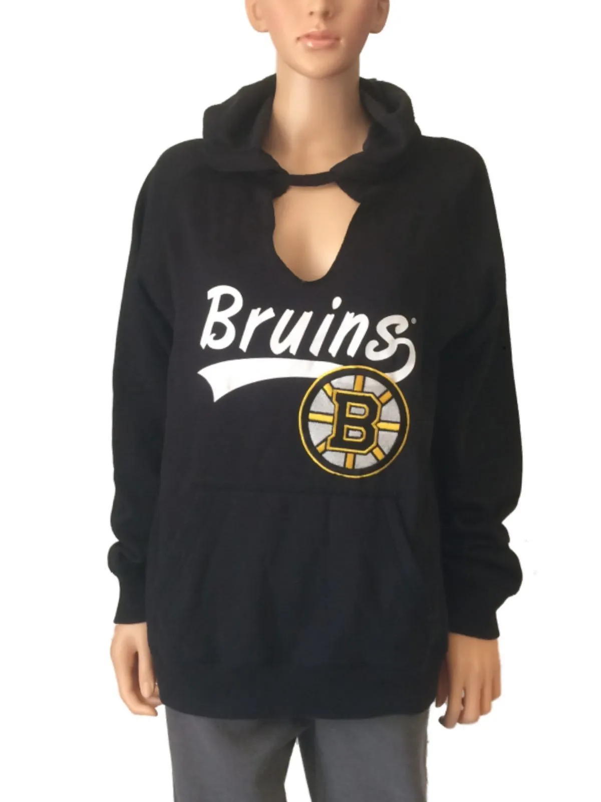 Boston Bruins SAAG WOMENS Black LS V-Neck Pullover Hoodie Sweatshirt (M)