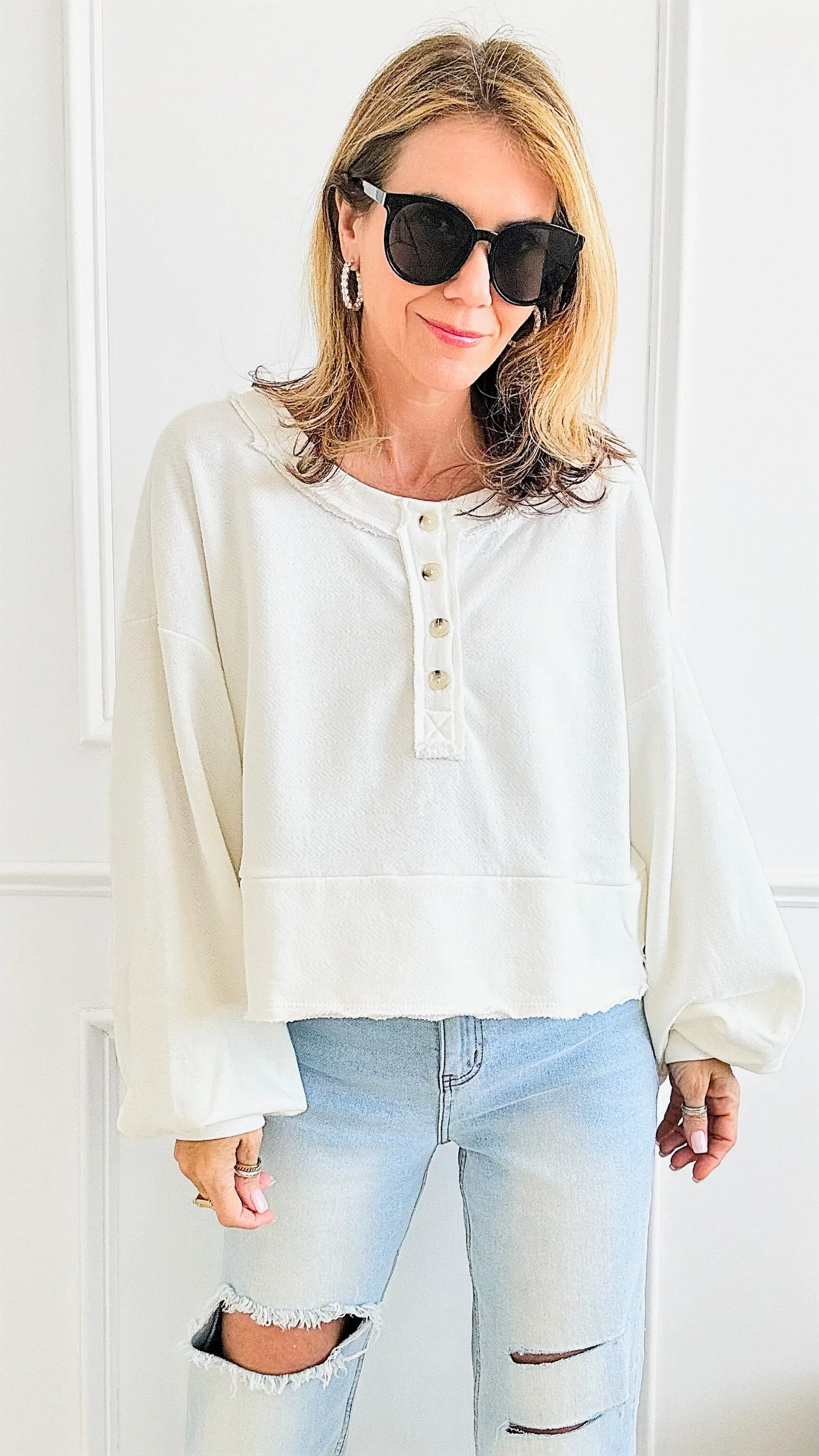 Button-up Crop Long Sleeves Top - Ivory