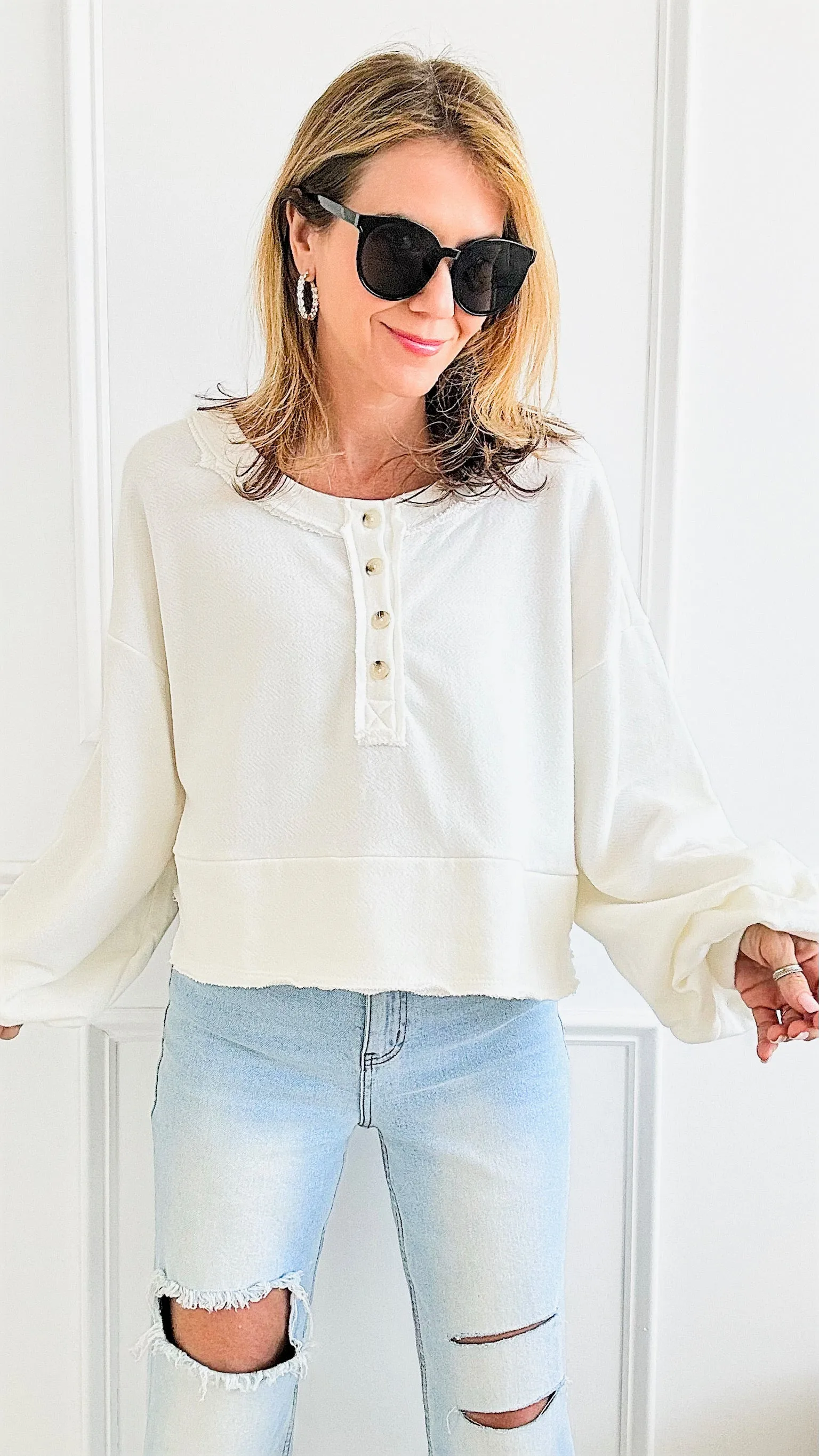 Button-up Crop Long Sleeves Top - Ivory