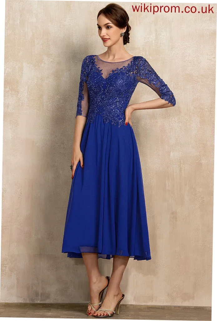 Cocktail Dresses A-Line Scoop Lace With Cocktail Maria Sequins Chiffon Tea-Length Neck Dress