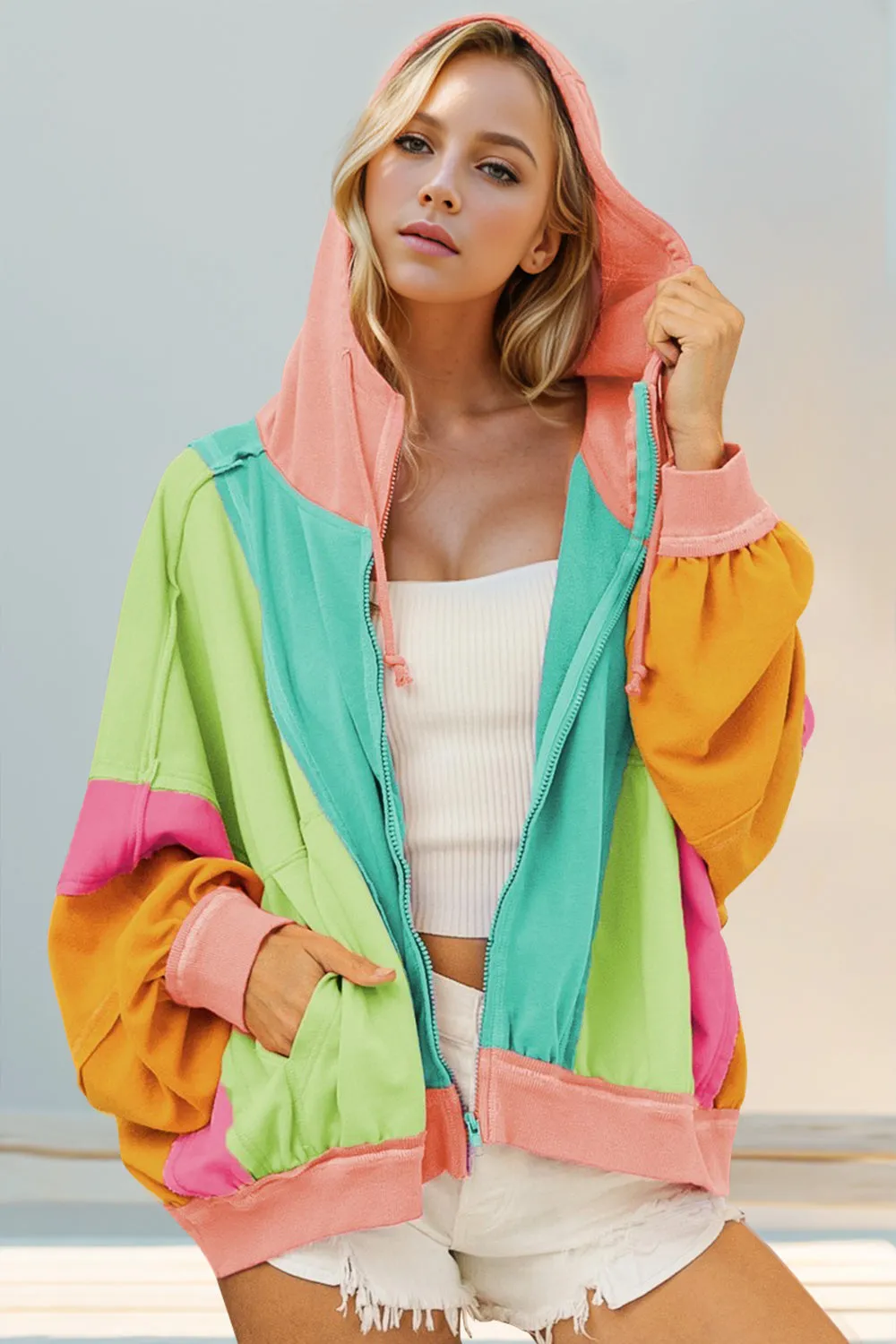 Color Block Zip Up Hoodie