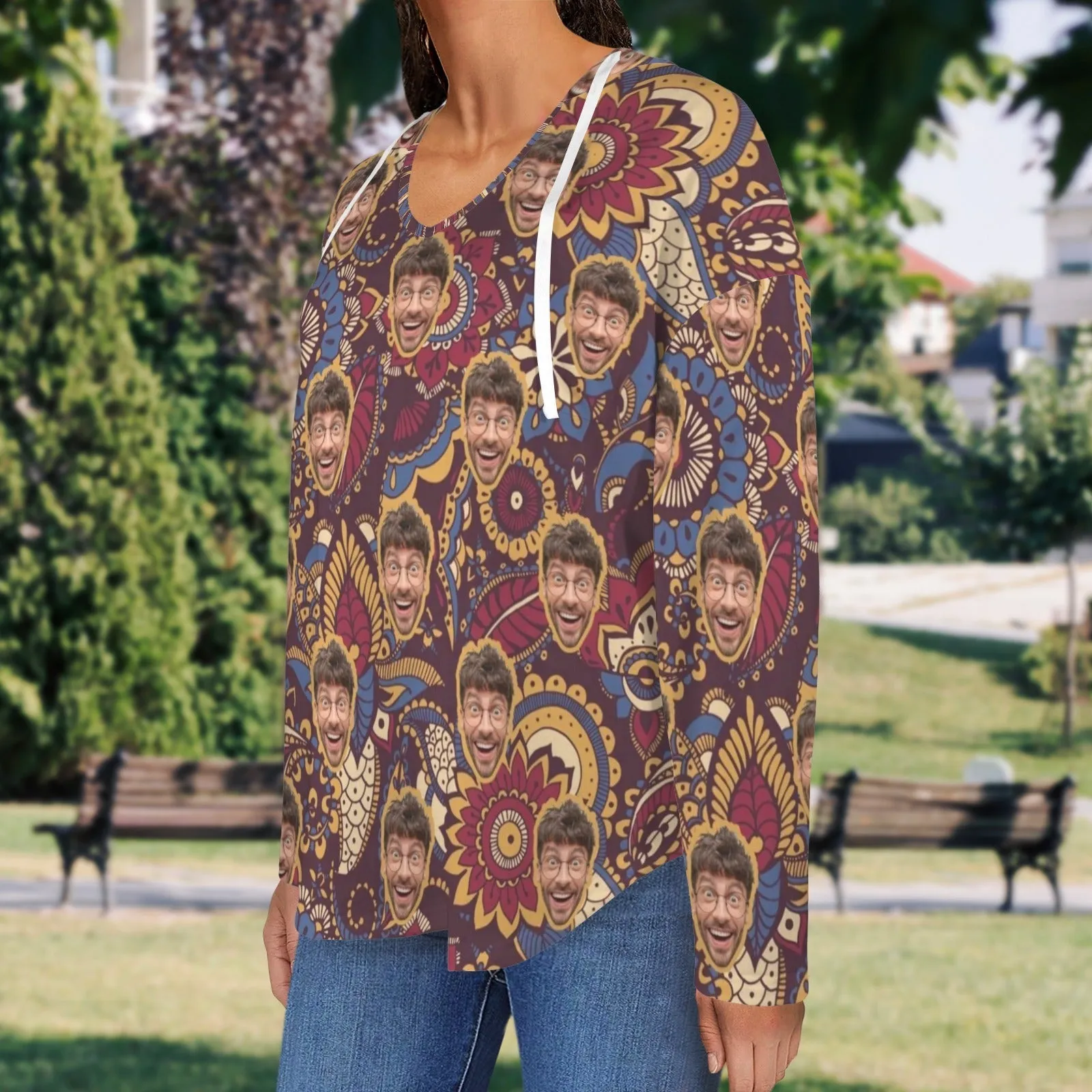 Custom Face Bohemian Style V Neck Long Sleeve Drawstring Pullover Hoodies Shirts With Pocket Personalized Hoodie Tops For Women