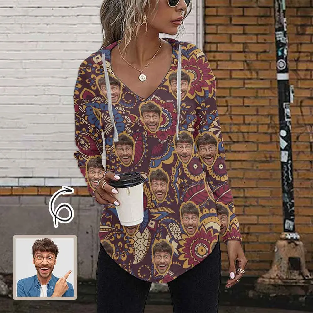 Custom Face Bohemian Style V Neck Long Sleeve Drawstring Pullover Hoodies Shirts With Pocket Personalized Hoodie Tops For Women