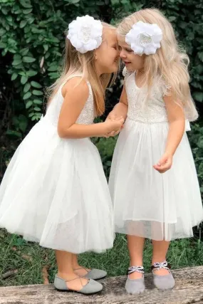 Cute A Line Lace Round Neck White Flower Girl Dresses with Tulle, Baby Dresses SWK15134