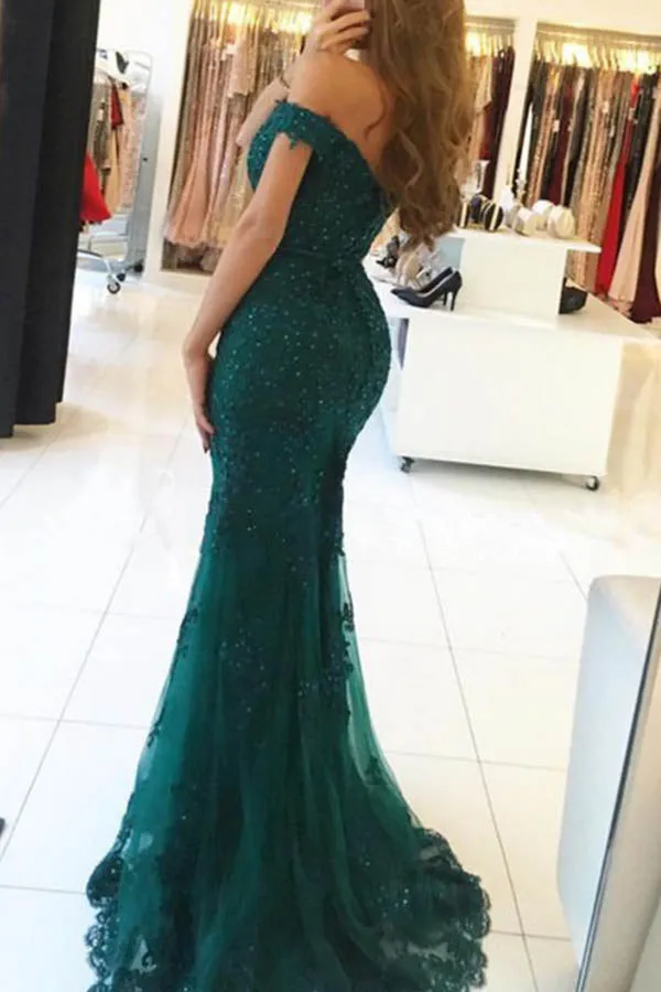 Dark Green Lace Off-The-Shoulder Pearl Beaded Mermaid Long Prom Dresses, SP596