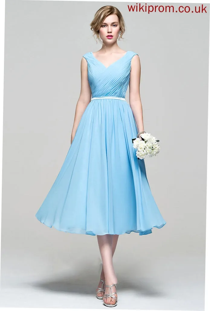 Embellishment Tea-Length Length Neckline A-Line Silhouette Fabric V-neck Ruffle Pat Bridesmaid Dresses